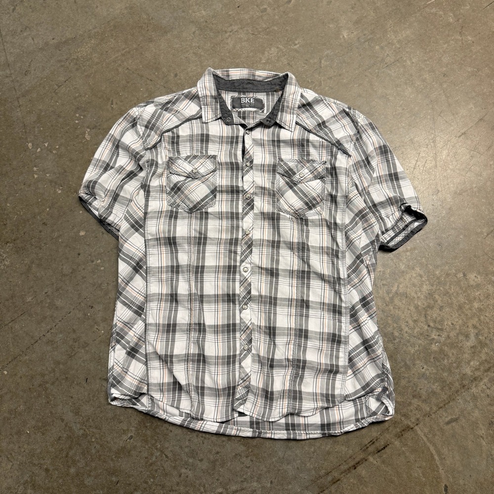 BKE Mens XXL Athletic Fit Plaid Short Sleeve Snap Western Shirt Grey Orange